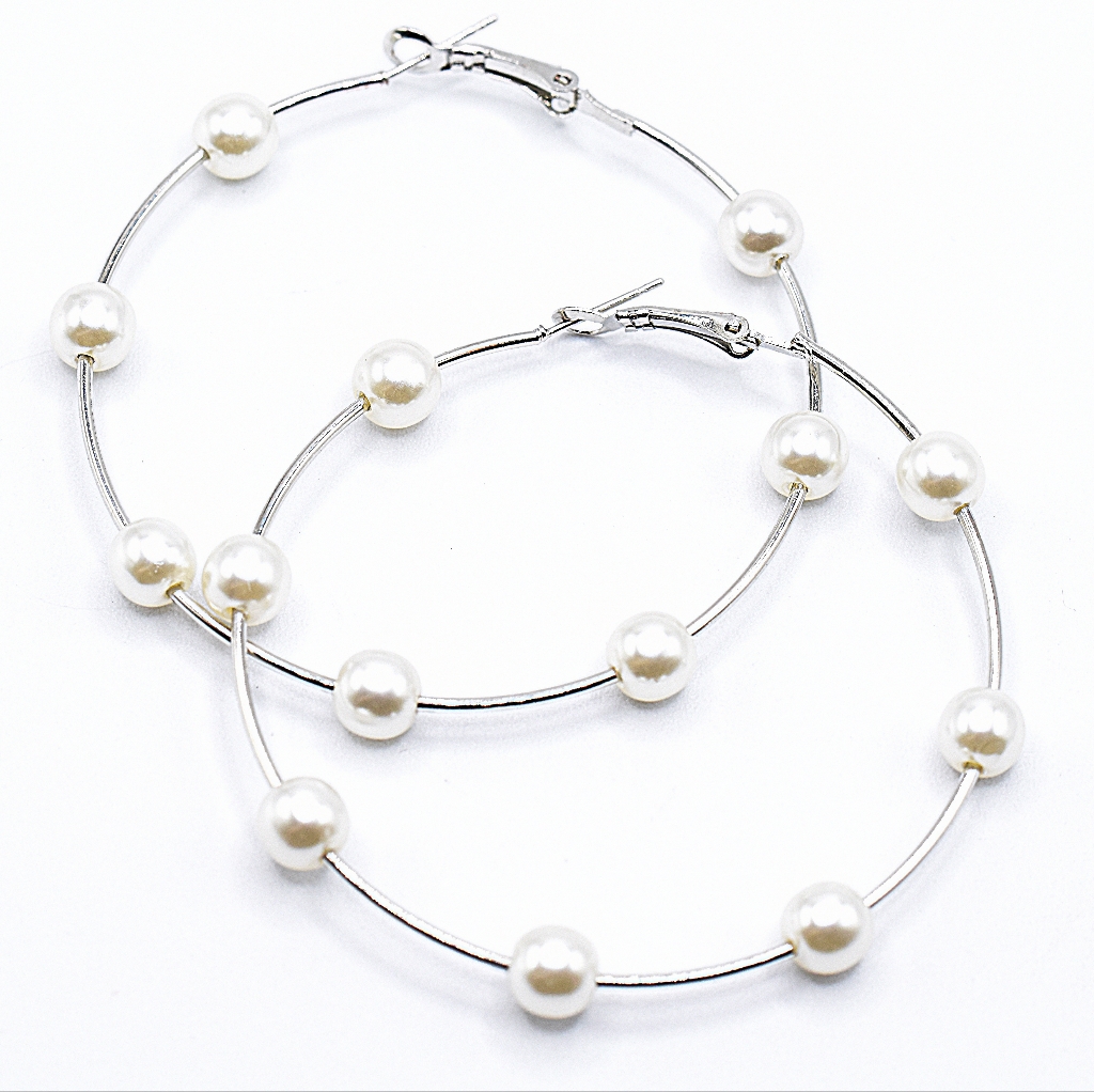 Silver Tone Pearl Hoop Earrings, Very Beautiful And Lightweight